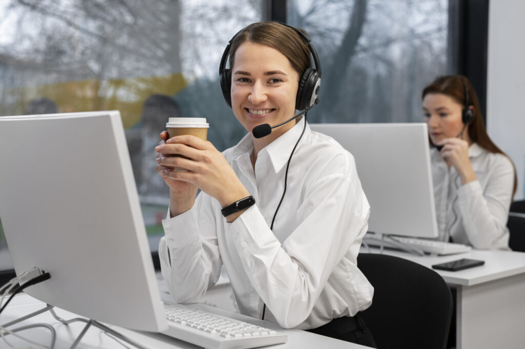 woman working call center office