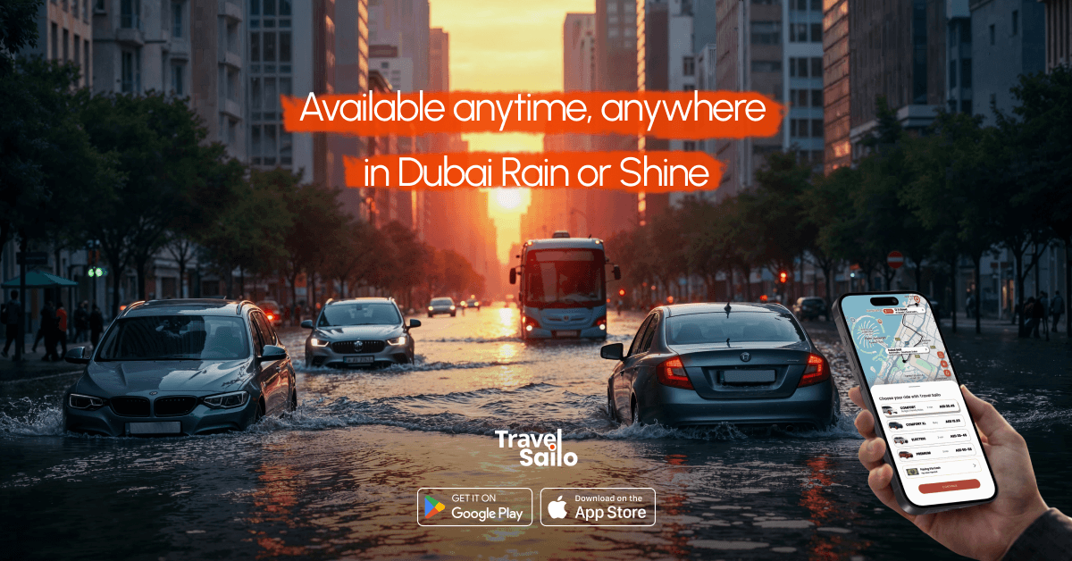 Rainy day Dubai ride – Travel Sailo available anytime rain or shine Dubai
