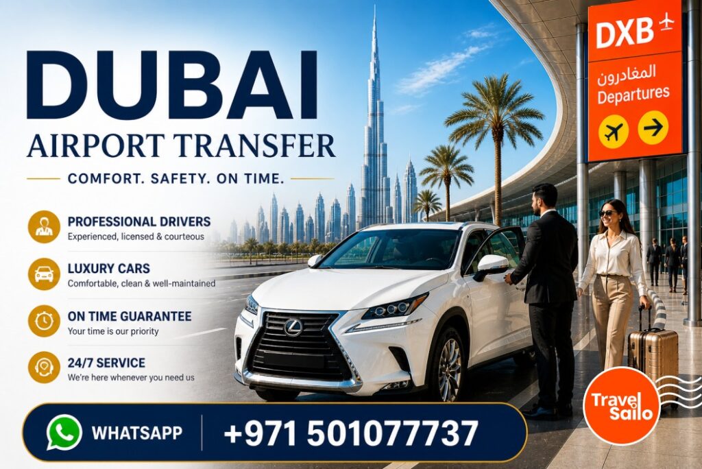 Travel Sailo chauffeur opening car door for passenger at Dubai airport departure terminal